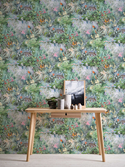 Botanical Elegance – Tropical Parrot Wallpaper – Powder Blue