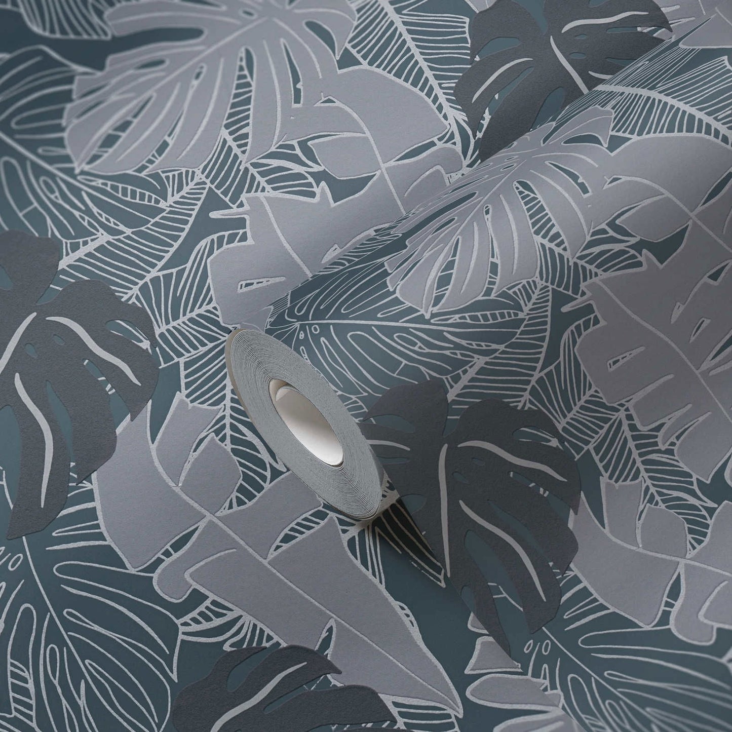 Metallic Monstera Fronds Wallpaper - House of Turnowsky - Blue