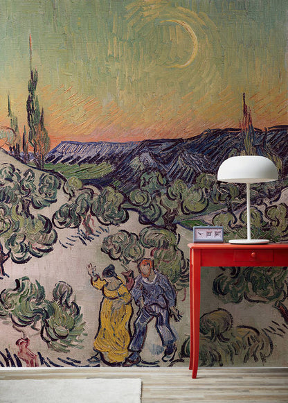 Landscape with Couple Walking and Crescent Moon - Custom Sized Wallpaper Mural (per m2)