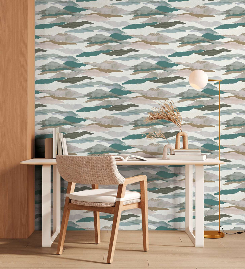 Graphic Wave and Palm Wallpaper - Taupe/Dusty Pink/Blue