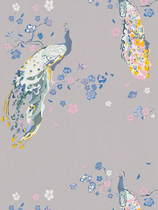 Majestic Peacock & Blossom Wallpaper - House of Turnowsky - Grey/Blue