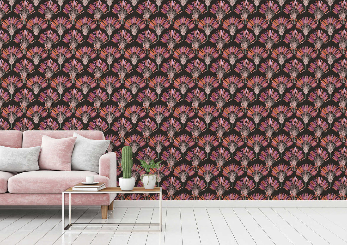 Watercolour Fan Trees Wallpaper - Black/Pink - Discontinuing