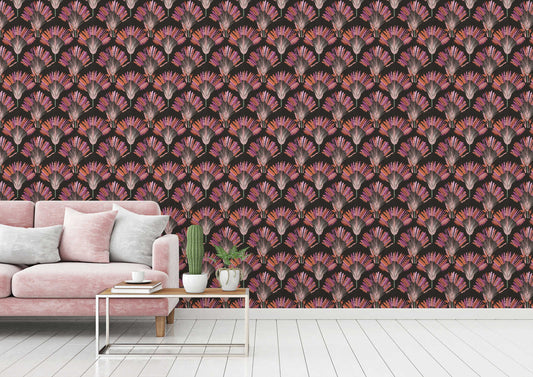 Watercolour Fan Trees Wallpaper - Black/Pink - Discontinuing