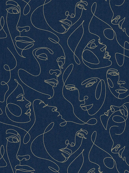 Muse Line Art Face wallpaper in navy/gold – flat pattern