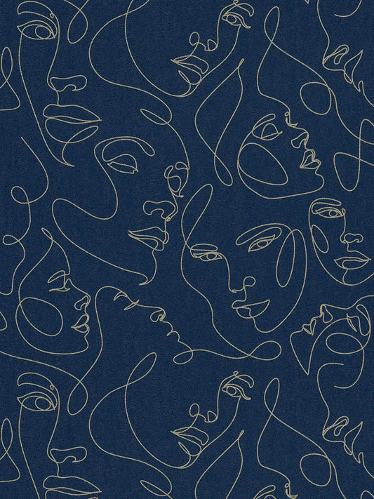 Muse Line Art Face wallpaper in navy/gold – flat pattern