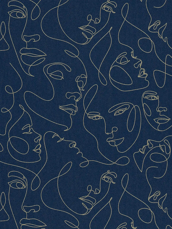 Sample – Muse Line Art Face Wallpaper – Navy/Gold