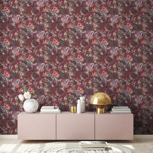 Hibiscus Haven – Crane & Bloom Wallpaper – Maroon