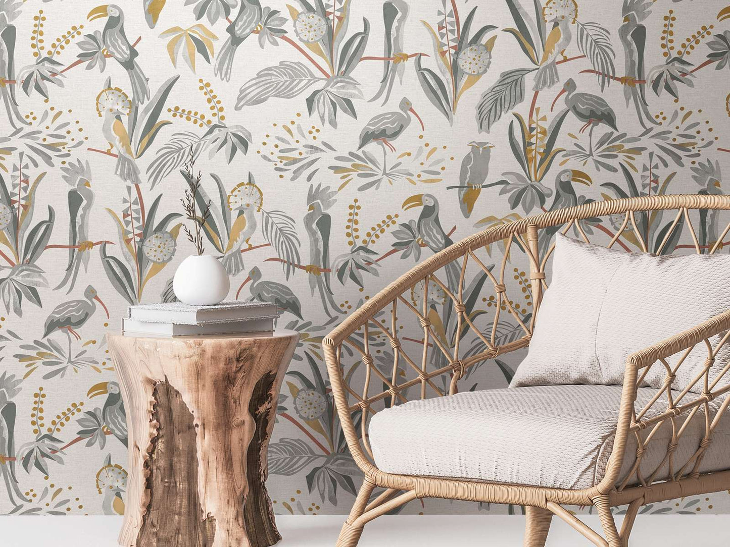 Jungle Birds Vinyl Wallpaper - White/Grey
