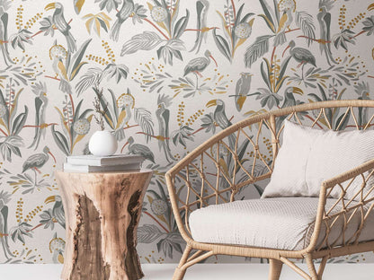 Jungle Birds Vinyl Wallpaper - White/Grey