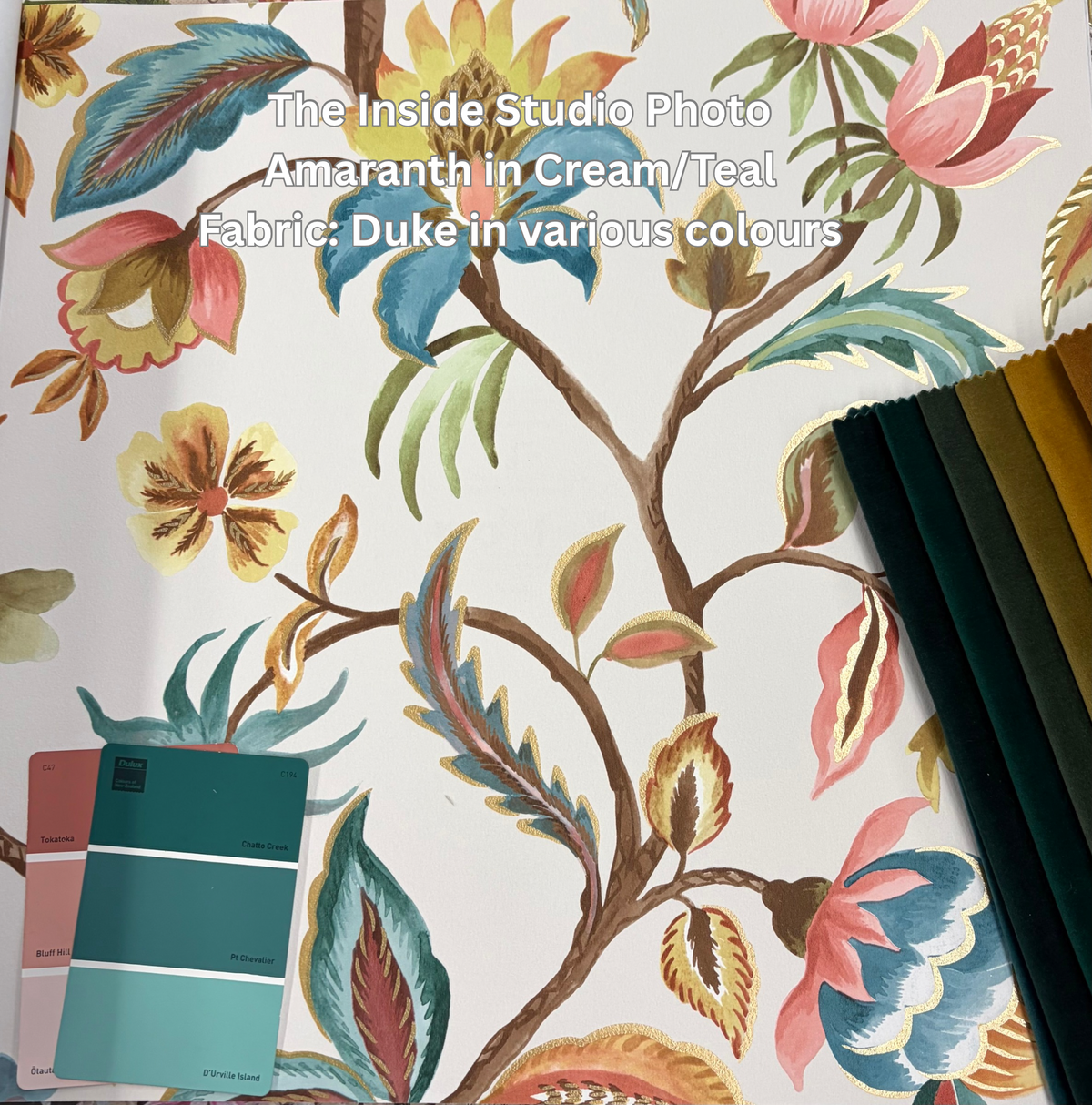 Amaranth – Jacobean Floral Wallpaper – Cream/Teal