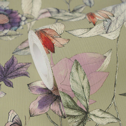 Papillon Floral Butterfly Vinyl Wallpaper – Sage