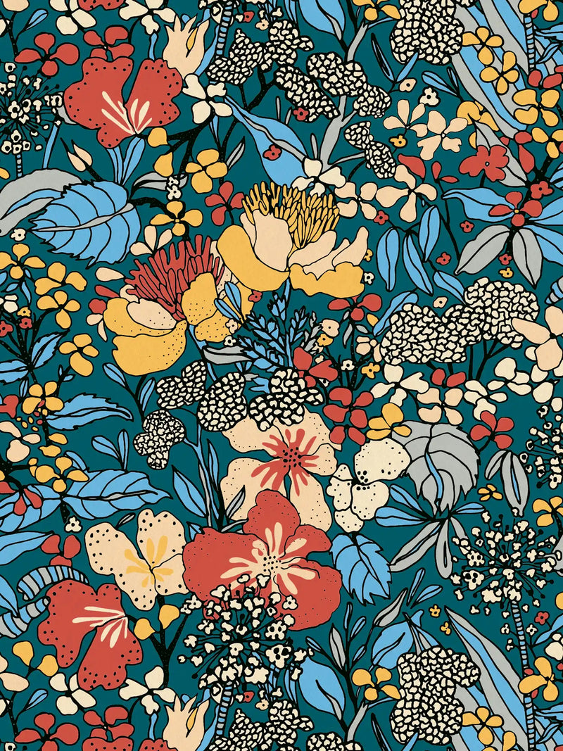 Sample - Floral Impression Wallpaper - Blue + Yellow