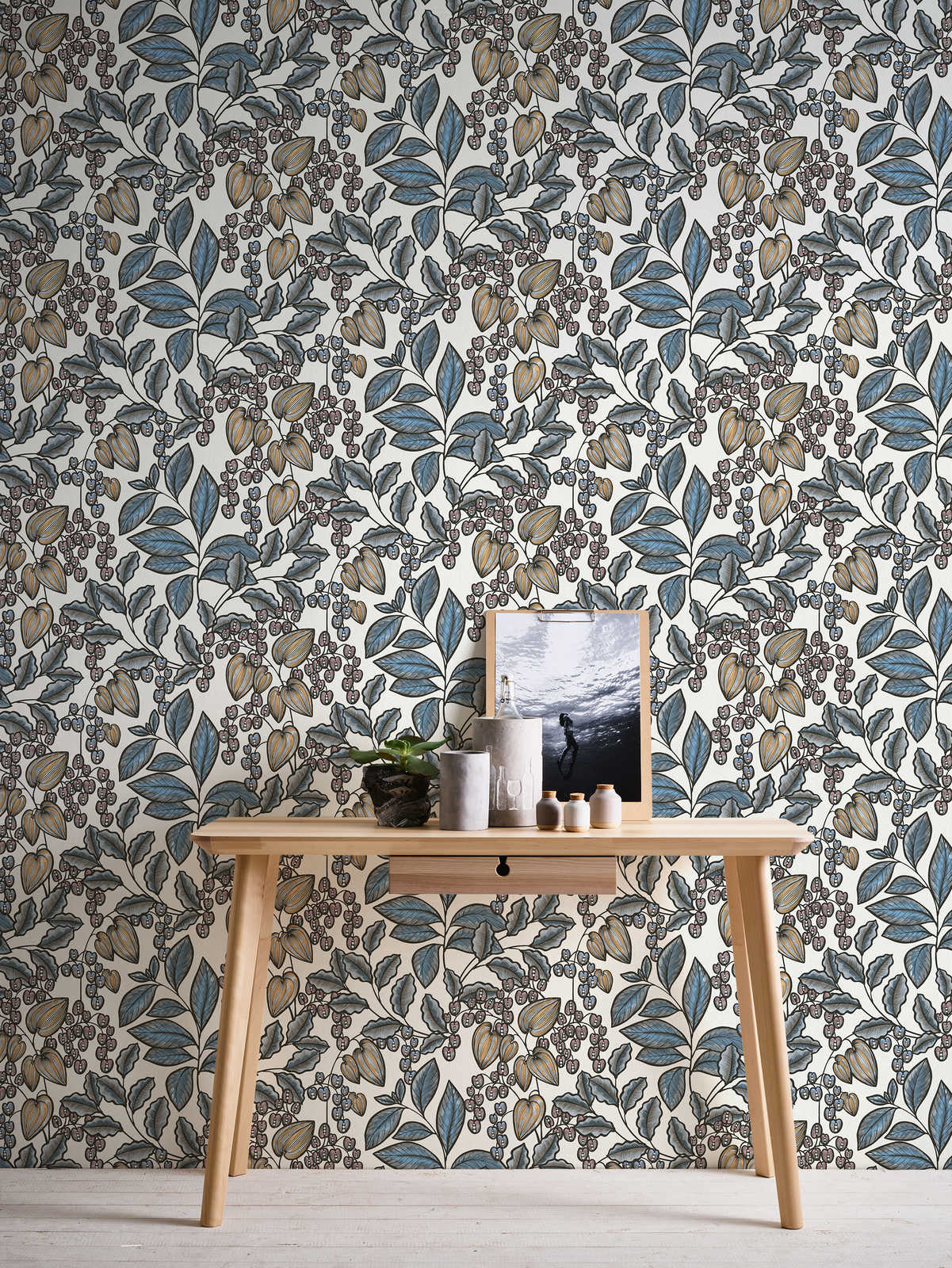 Floral Vine Wallpaper - White/Blue