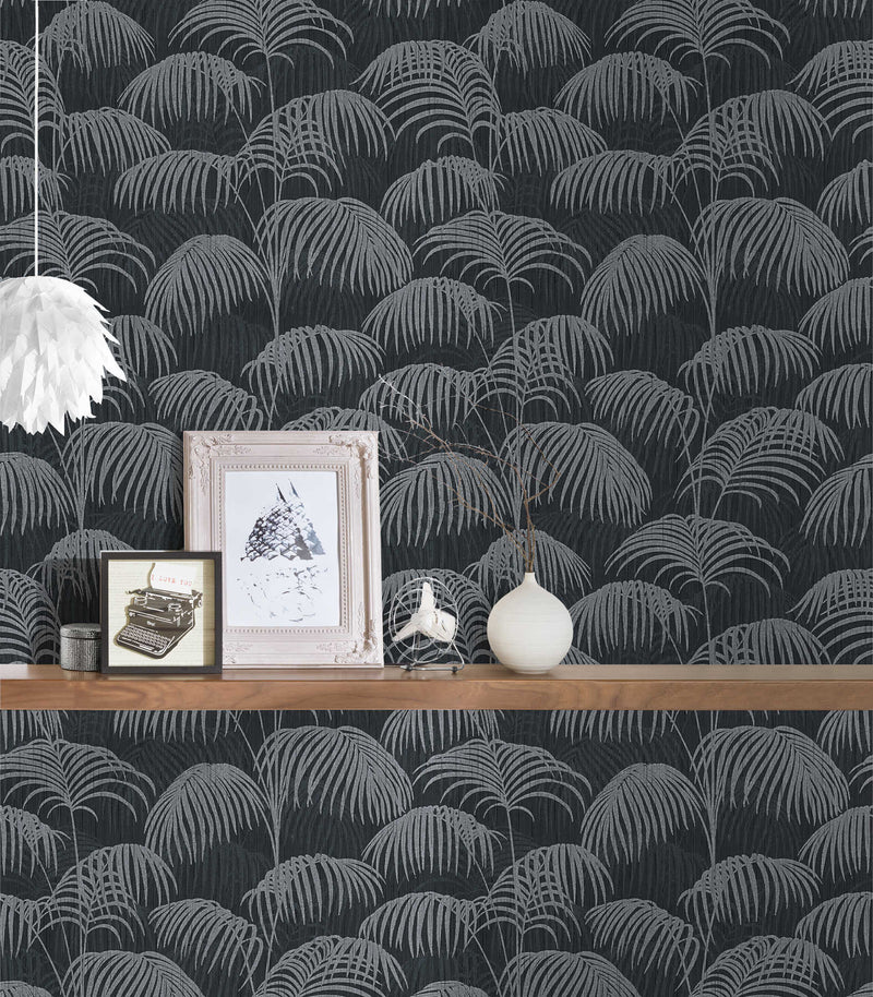 Textured Palm Silk Wallpaper - Black and Grey