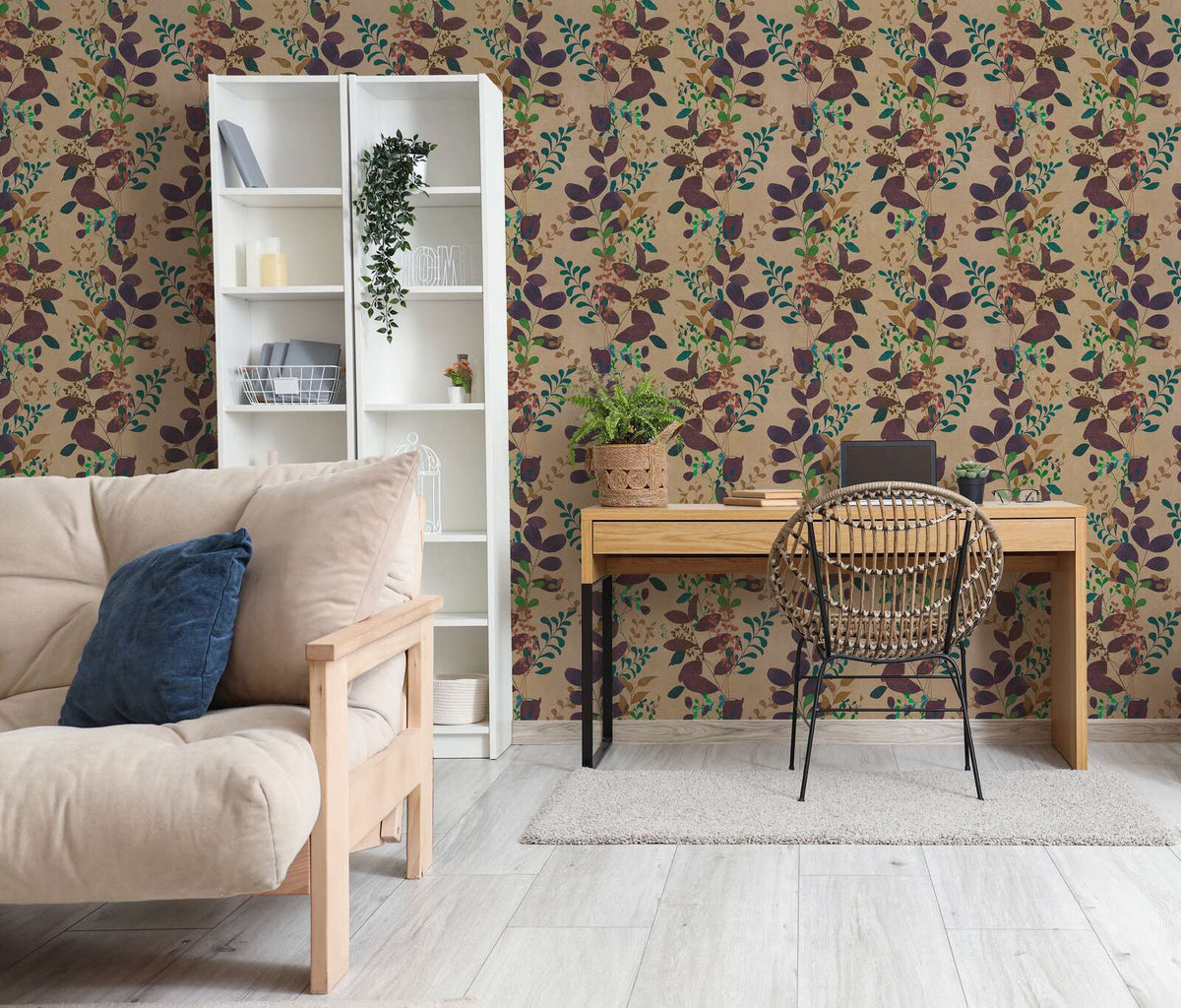 Verdant Leaf Sprig Vinyl Wallpaper – Plum/Taupe