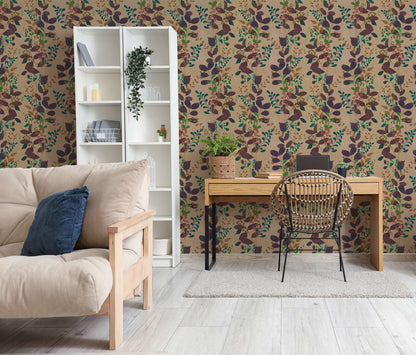 Verdant Leaf Sprig Vinyl Wallpaper – Plum/Taupe
