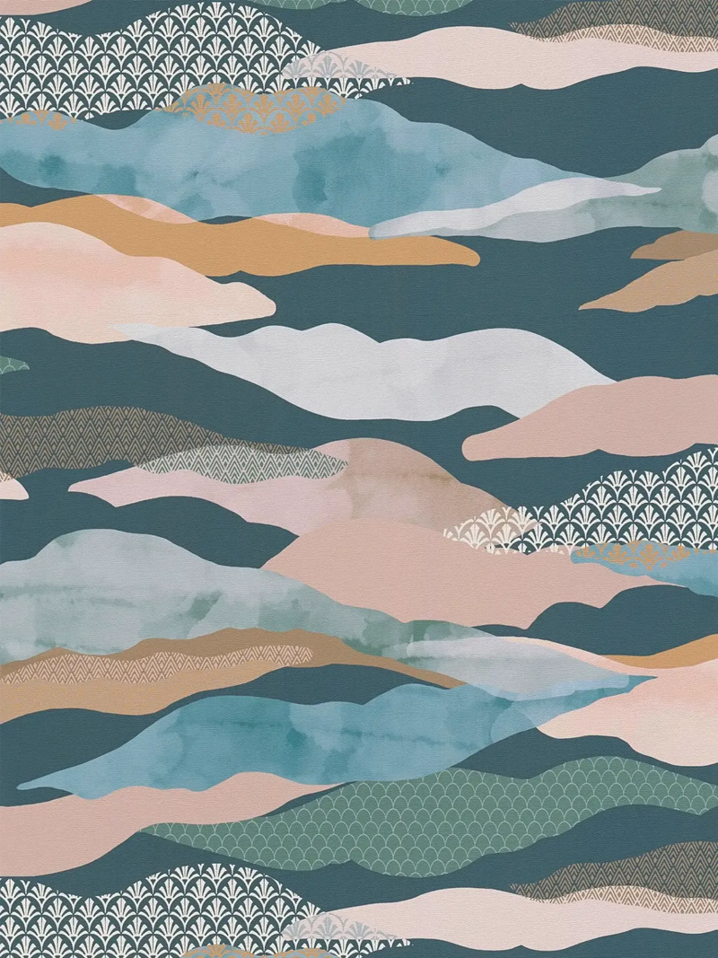 Graphic Wave and Palm Wallpaper - Blue/Green/Pink