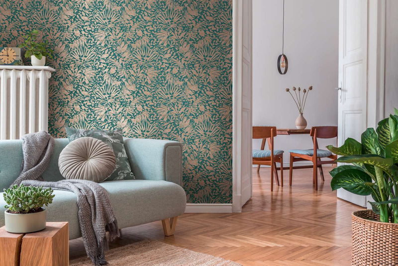 SAMPLE - Subtle Leaf Wallpaper - Green/Copper