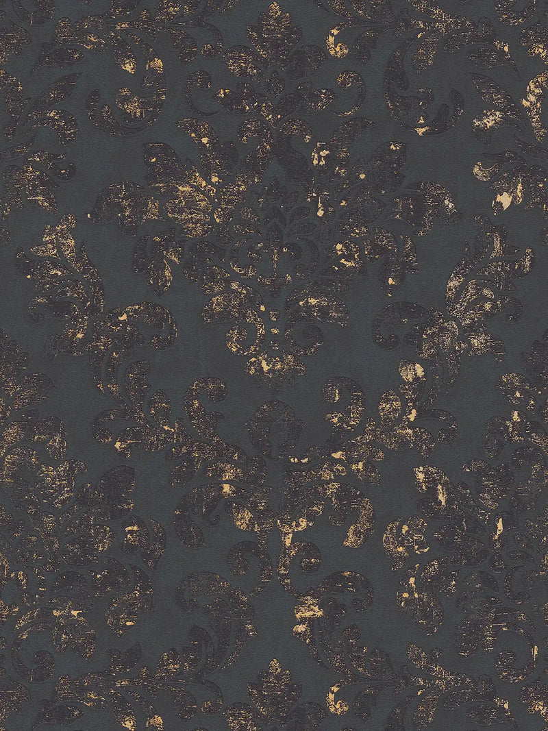 Baroque Damask Wallpaper - Black + Gold