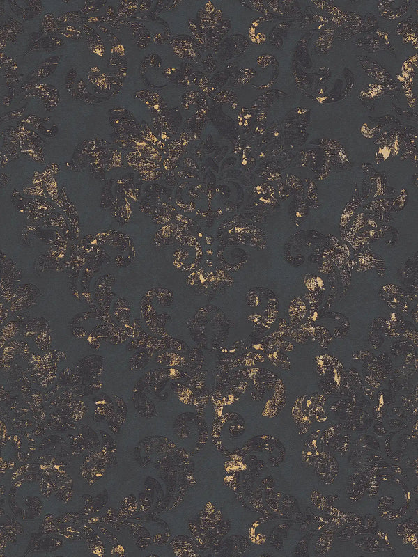 Sample - Baroque Damask Wallpaper - Black + Gold