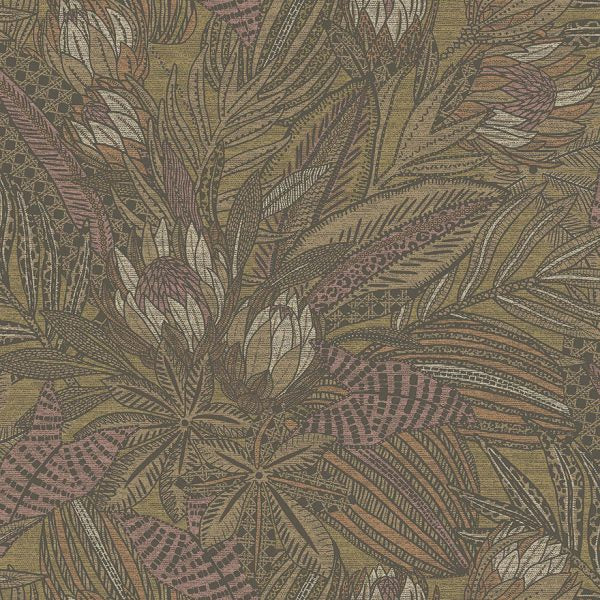 Susara  - Protea Floral Metallic Wallpaper - Ochre