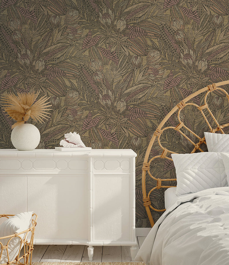 Susara  - Protea Floral Metallic Wallpaper - Ochre