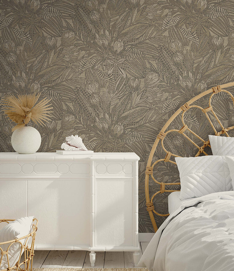 Susara  - Protea Floral Metallic Wallpaper - Beige