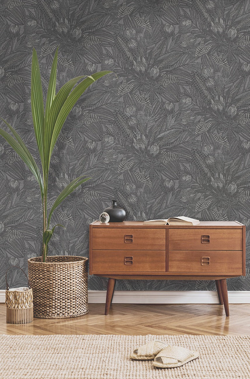 Susara  - Protea Floral Metallic Wallpaper - Charcoal