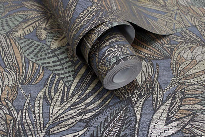 Susara  - Protea Floral Metallic Wallpaper - Navy- Discontinuing