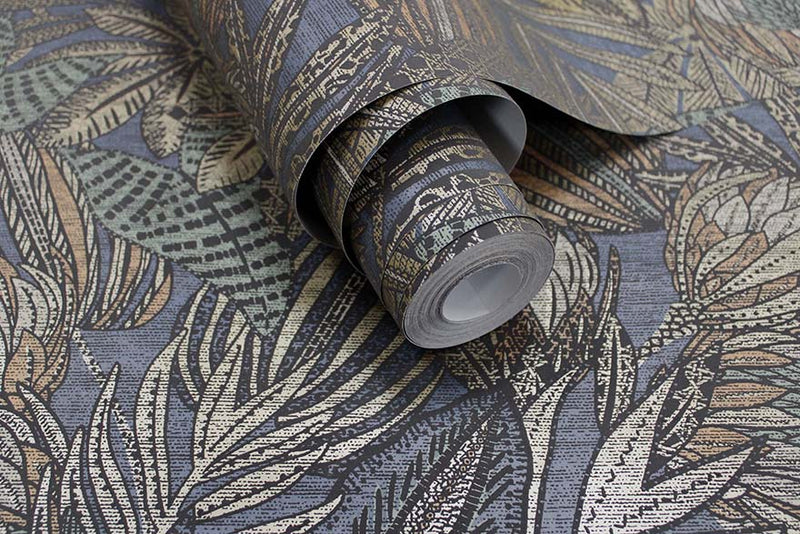 Susara  - Protea Floral Metallic Wallpaper - Navy- Discontinuing
