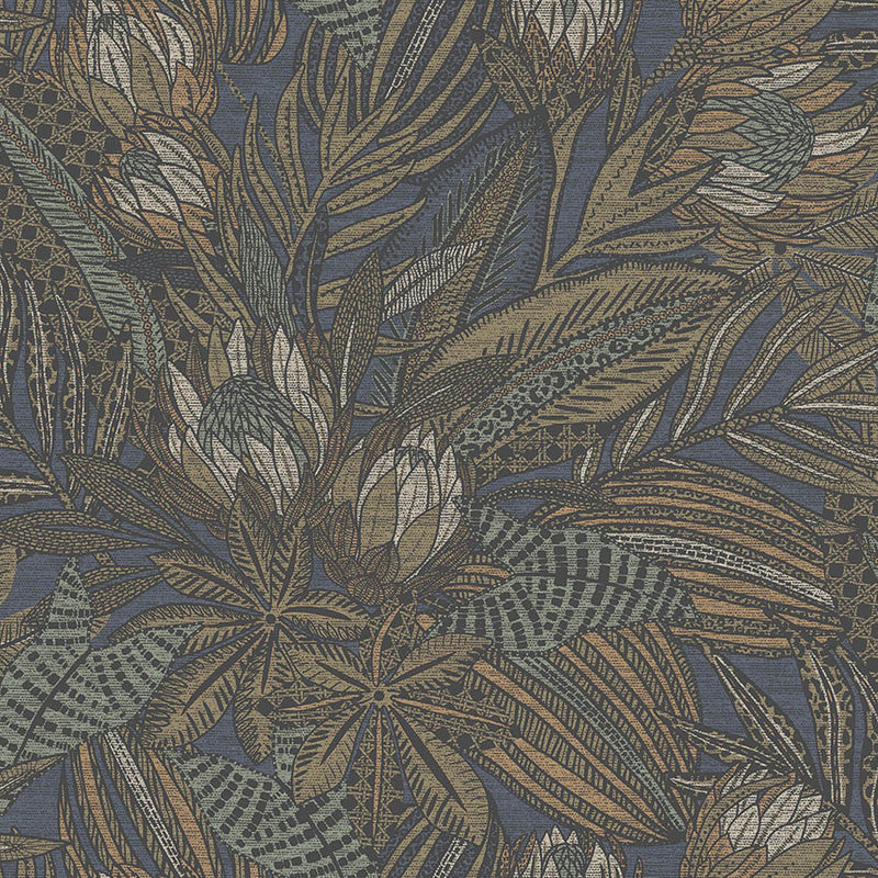 Sample - Susara  - Protea Floral Metallic Wallpaper - Navy- Discontinuing