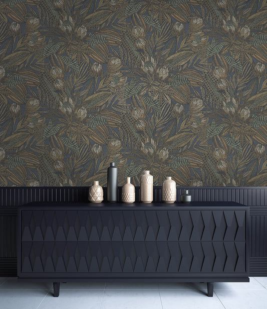 Susara  - Protea Floral Metallic Wallpaper - Navy- Discontinuing
