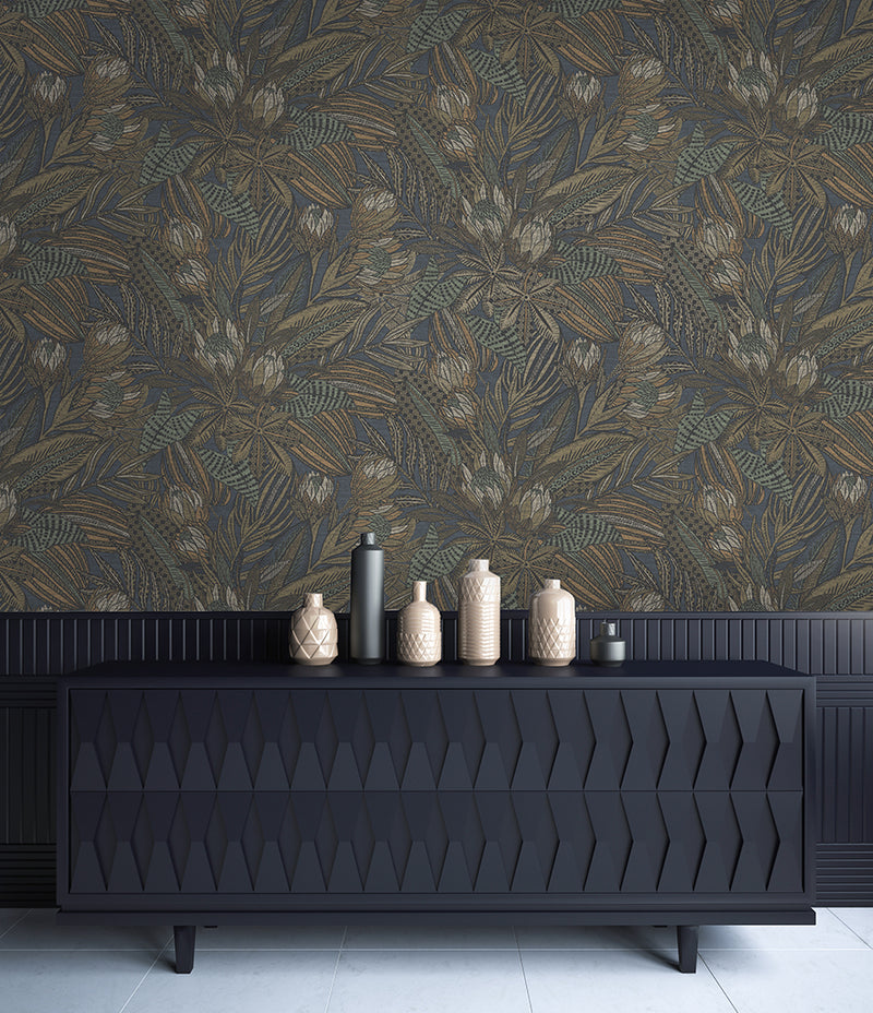 Susara  - Protea Floral Metallic Wallpaper - Navy