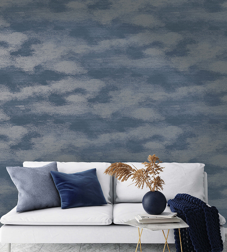 Stratus - Metallic Cloud Wallpaper - Navy