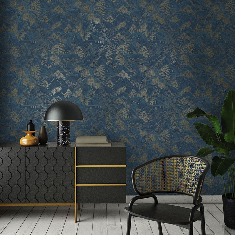 Teshio Wallpaper - Asian Metallic Wallpaper - Navy- Discontinuing