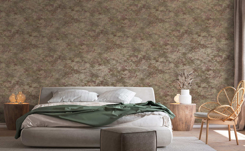 Ozbek - Distressed Elements Wallpaper - Maroon/Khaki