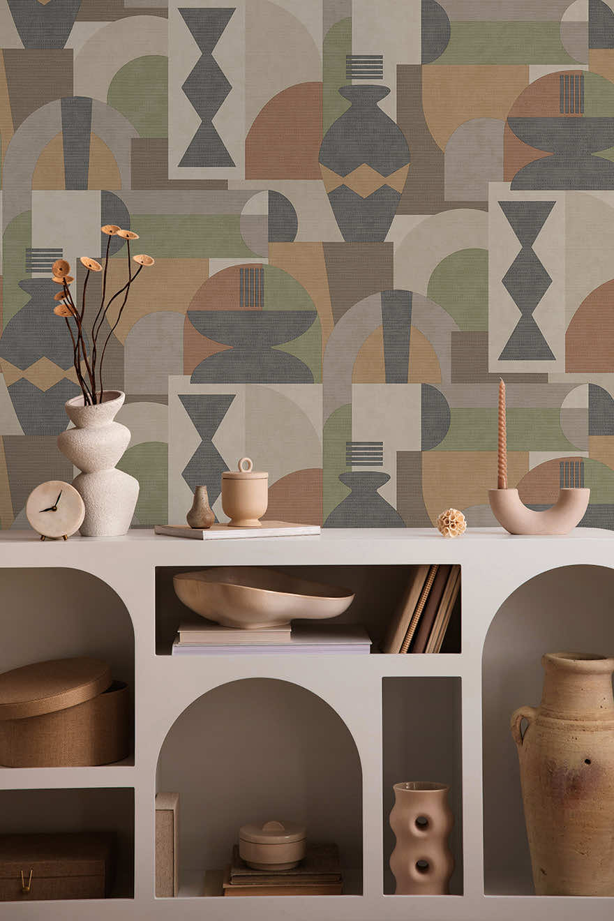 Khalili - Bazaar Geometric Wallpaper - Khaki/Orange - Discontinuing