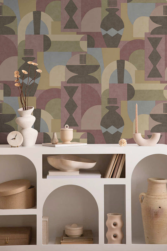 Khalili - Bazaar Geometric Wallpaper - Maroon/Beige - Discontinuing