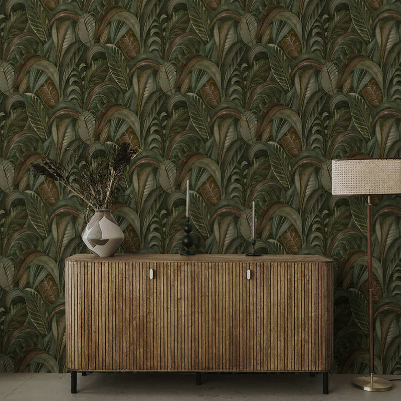 Raffia - Palm Leaf Wallpaper - Emerald Green