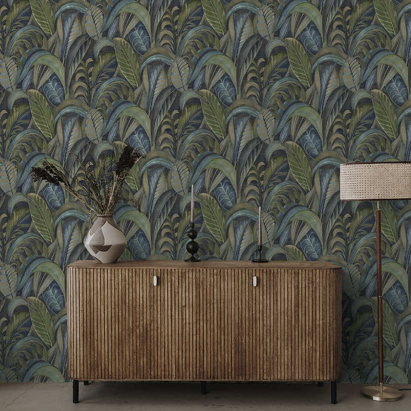 Raffia - Palm Leaf Wallpaper - Navy