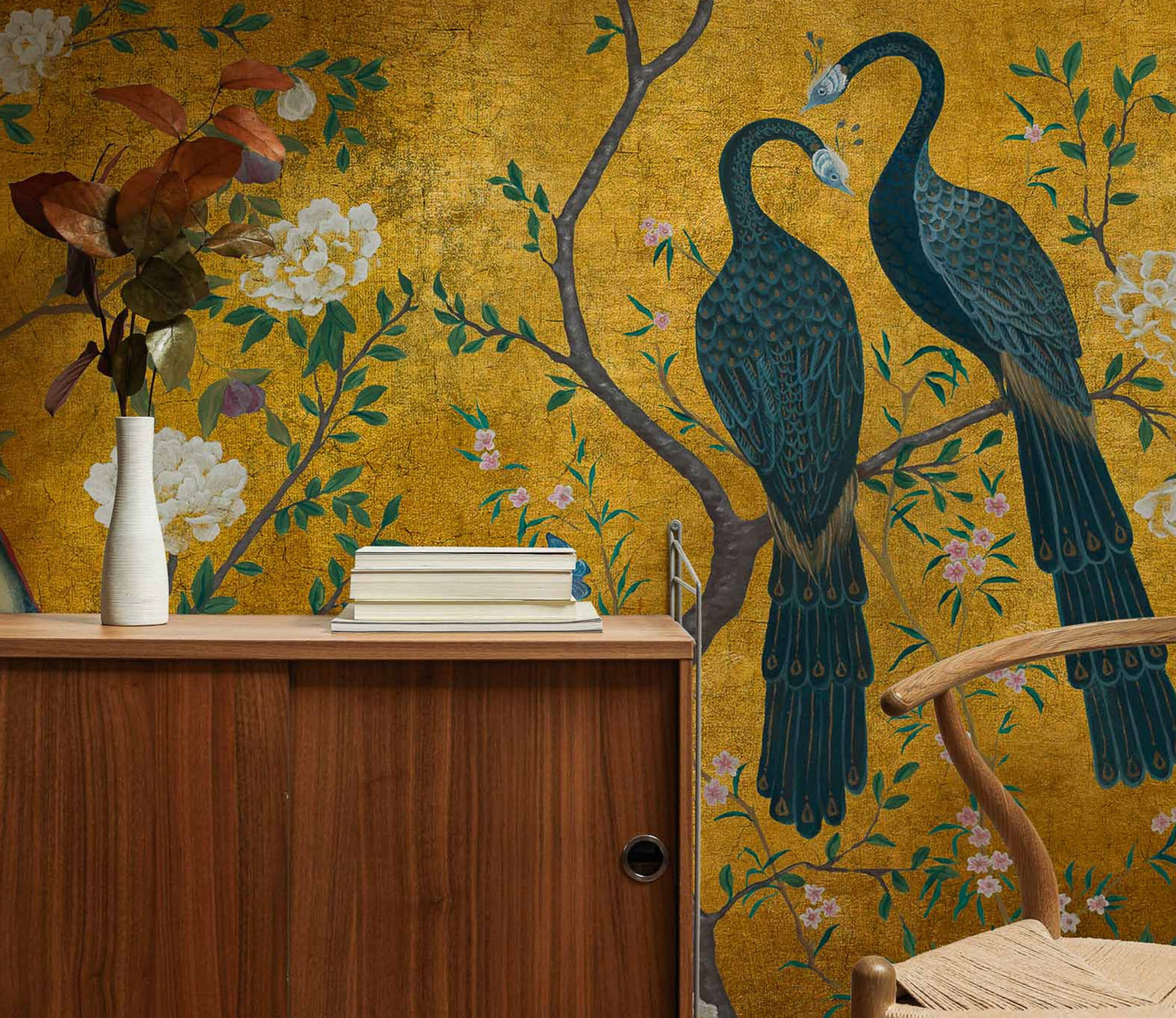 Edo Gold Peacock - Custom Sized Wallpaper Mural (per m2)