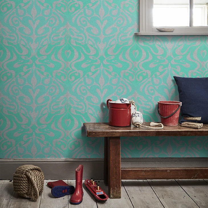 Woodstock Wallpaper - Aqua/Metallic Silver