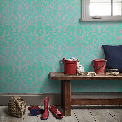 Woodstock Wallpaper - Aqua/Metallic Silver