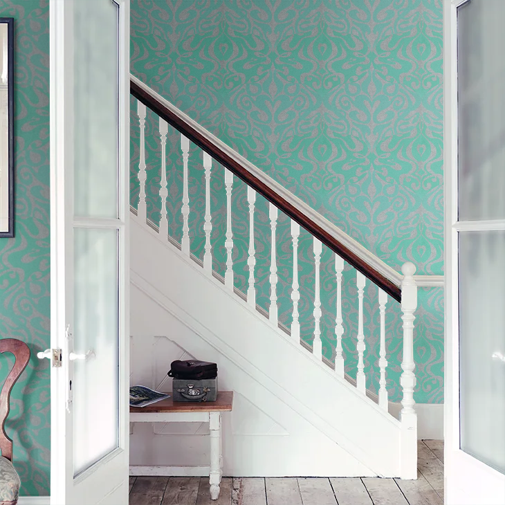Woodstock Wallpaper - Aqua/Metallic Silver