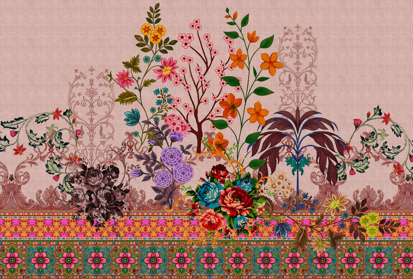 Oriental Garden Flowers - Custom Sized Wallpaper Mural (per m2)
