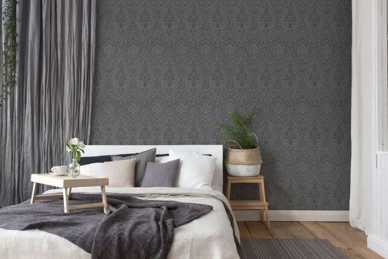 Textured Damask Textured Wallpaper - Grey/Black