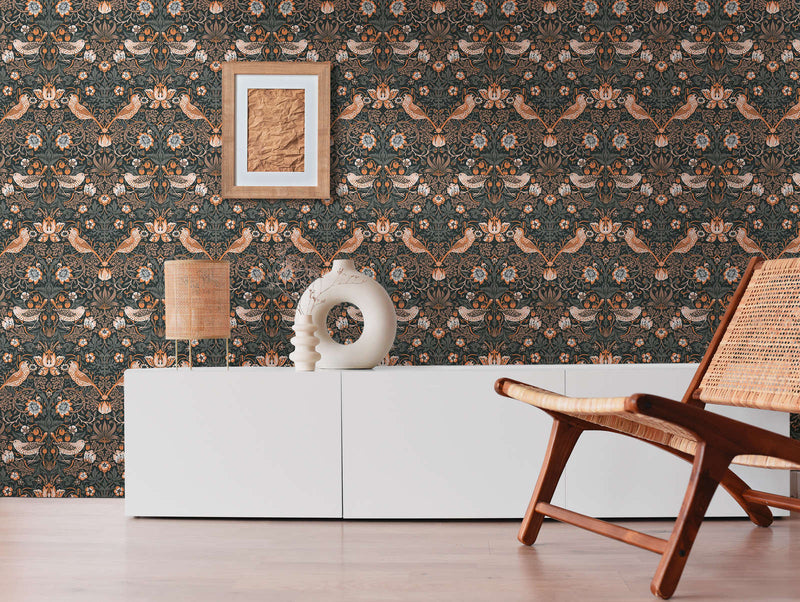Baroque Birds Wallpaper - Orange/Black