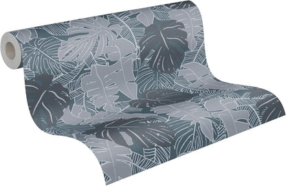 Metallic Monstera Fronds Wallpaper - House of Turnowsky - Blue