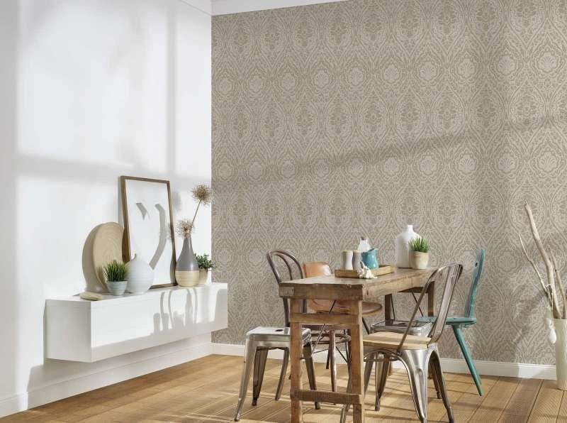 Textured Damask Textured Wallpaper - Beige Brown