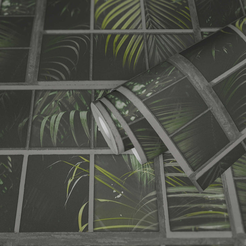 Palm Leaf Mosaic Wallpaper - Green/Grey